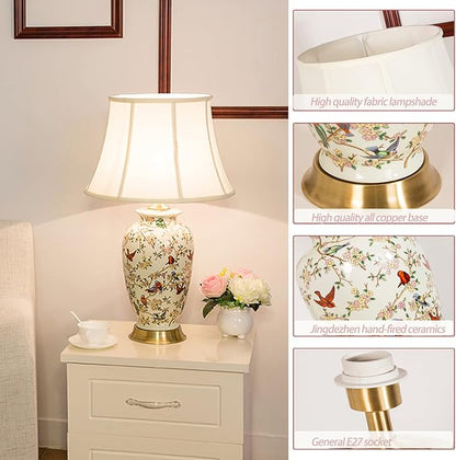 PURESILKS White 27" Flower and Bird Ceramics Table Lamp Chinoiserie Desk Lamp,Fabric Drum Shade,Gold Base, Tall Table Lamp Decor for Living Room Bedroom Bedside Office College Bookcase