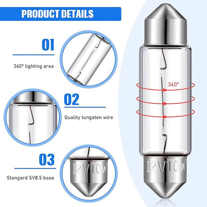 20 Pcs Xenon Festoon Light Bulb Clear Double Ended Festoon Bulb Marine Festoon Bulb 12V Standard Miniature 6411 Bulb for Mantel, Shelves, Bookcase, Refrigerator, Car Tail Light, Dome Light (10W)