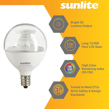 Sunlite LED G16.5 Light Bulb, 5 Watts (40W Equivalent), 350 Lumens, 90 CRI, Candelabra Base (E12), Clear Finish, Dimmable, Title-20 Compliant, ETL Listed, 6 Pack, 3000K Warm White