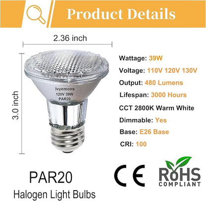 PAR20 Flood 39W 120V 480 Lumens- 6 Pack PAR20 Flood Light Bulbs with E26 Base, PAR 20 Dimmable 2800K Warm White, Long Lasting 39W PAR 20 Bulb for Recessed Lighting & Range Hood Light Bulbs