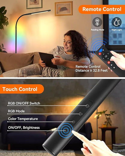Pak Smart RGB Floor Lamp, LED Floor Lamp for Living Room, Modern Adjustable Gooseneck Standing Lamp with Music Sync, Scene Modes, Remote & Touch Control, Eye-Caring Reading Light for Bedroom Gaming