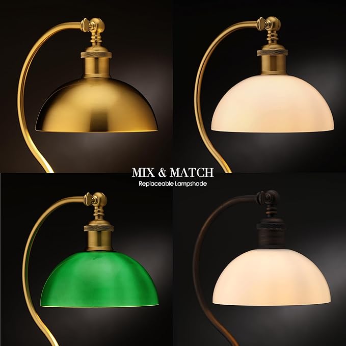 O’Bright Heritage - Banker’s Floor Lamp, 3-Level Touch Dimming, Adjustable Tilt Shade, Removable Lampshade Design, E26 Socket with 6W Dimmable LED Bulb, White Jade Glass Shade, Antique Brass
