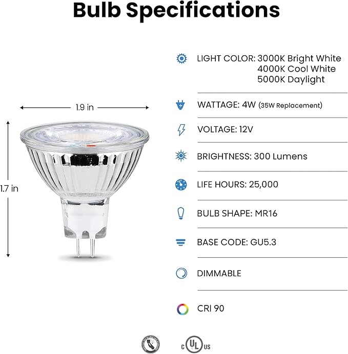 Feit Electric MR16 LED Reflector Light Bulb, 20W Equivalent, Dimmable, GU5.3 Base, 90+ CRI, 200 Lumen, Adjustable Color Temperature Track Lighting, 25,000-Hour Lifespan, BPBAB/3CCTCA/3/6, 18-Pack