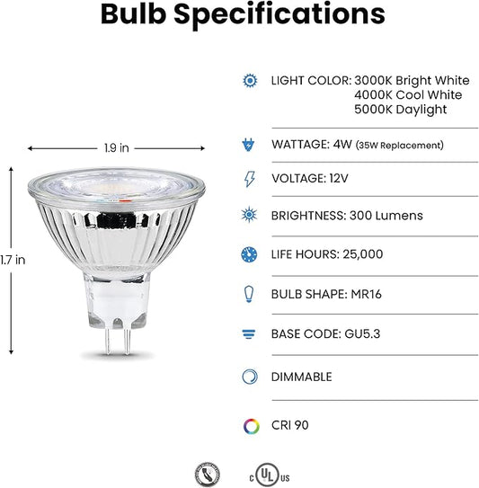 Feit Electric MR16 LED Reflector Light Bulb, 20W Equivalent, Dimmable, GU5.3 Base, 90+ CRI, 200 Lumen, Adjustable Color Temperature Track Lighting, 25,000-Hour Lifespan, BPBAB/3CCTCA/3/6, 18-Pack