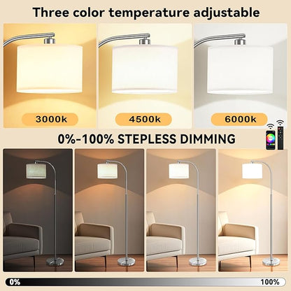 Floor Lamp for Living Room with Remote,Dimmable Standing Lamps,Modern Tall Floor Light with Smart RGB Bulb,App Control,3 Color Temperatures,Fabric Shades,Silver Floor Lamp for Bedroom Corner