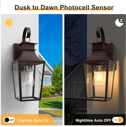 Outdoor Wall Lantern, 𝟏𝟔 𝐈𝐍𝐂𝐇 Dusk to Dawn Outside Light Wall Sconce with E26 Sockets & Clear Glass Shades, Oil Rubbed Bronze Waterproof Outdoor Lights for House Front Door Porch