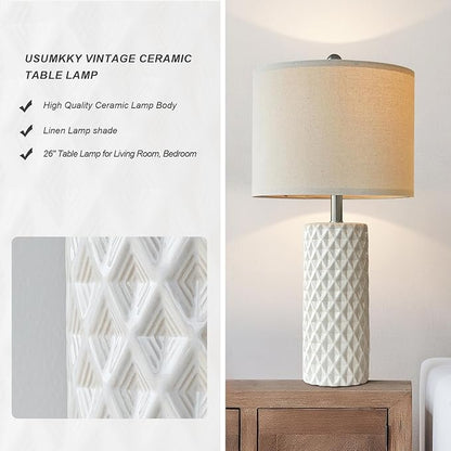 26" Tall Table Lamp for Living Room -Vintage White Lamps Set of 2 Modern Ceramic Lamps for Night Stands, Bedside Lamp for End Tables, Nightstand Lamps for Bedroom