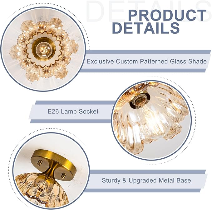Semi Flush Mount Ceiling Light, Vintage Ceiling Light E26,Amber Shade Glass Hallway Light Fixture for Kitchen Porch Bedroom,Bulb Included 3000K