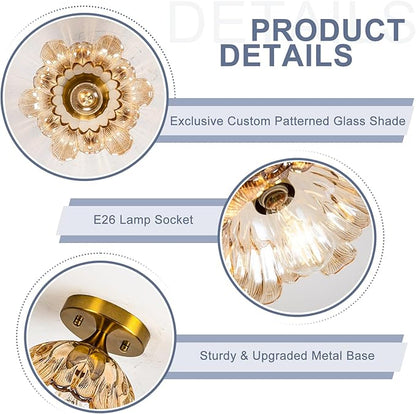 Semi Flush Mount Ceiling Light, Vintage Ceiling Light E26,Amber Shade Glass Hallway Light Fixture for Kitchen Porch Bedroom,Bulb Included 3000K