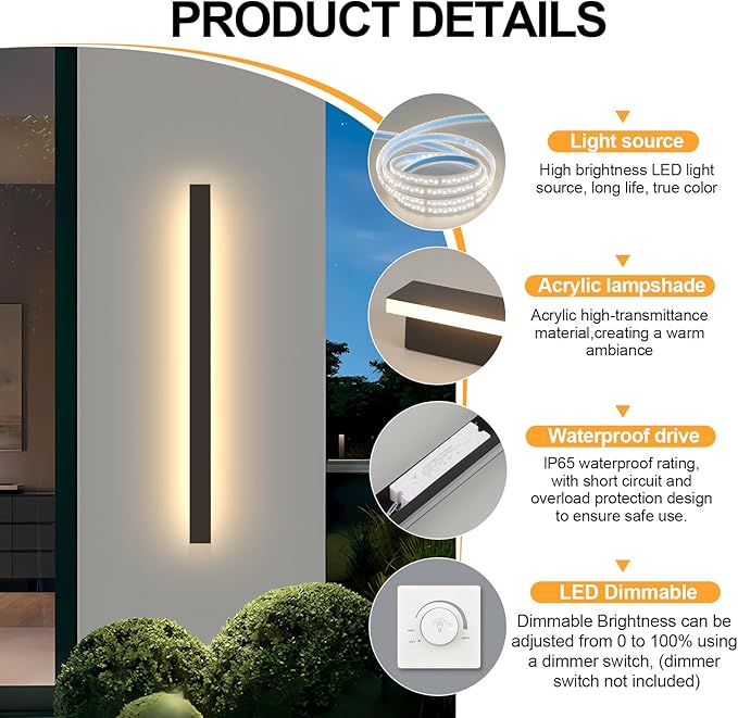 Porch Wall Lights 59.1Inch Black Outdoor Wall Light 3000K Modern Waterproof Anti Rust Exterior Wall Sconces Long LED Linear Exterior Lighting Fixtures for Patio Garage Swimming Pools