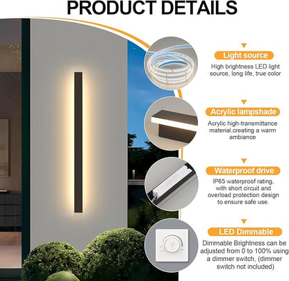 Porch Wall Lights 59.1Inch Black Outdoor Wall Light 3000K Modern Waterproof Anti Rust Exterior Wall Sconces Long LED Linear Exterior Lighting Fixtures for Patio Garage Swimming Pools