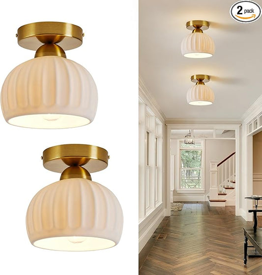 Vintage Ceramic Semi Flush Mount Ceiling Light - 2 Pack, Gold Hallway Light Fixtures, White Globe Ceiling Lights,Mid Century Small Chandelier Light Fixture for Cottage Entryway Laundry Room Kitchen