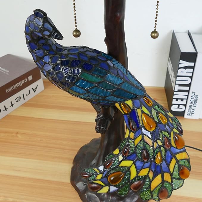 Large Tiffany Table Lamp 18" Wide Handmade Stained Glass Lamp Shade 3 Light Peacock Style Vintage Desk Light for Living Room Bedroom Bedside Reading Light,Grape