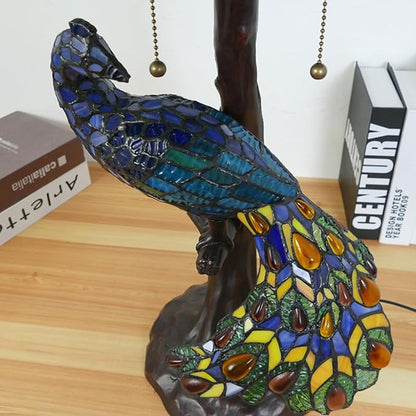 Large Tiffany Table Lamp 18" Wide Handmade Stained Glass Lamp Shade 3 Light Peacock Style Vintage Desk Light for Living Room Bedroom Bedside Reading Light,Victoria