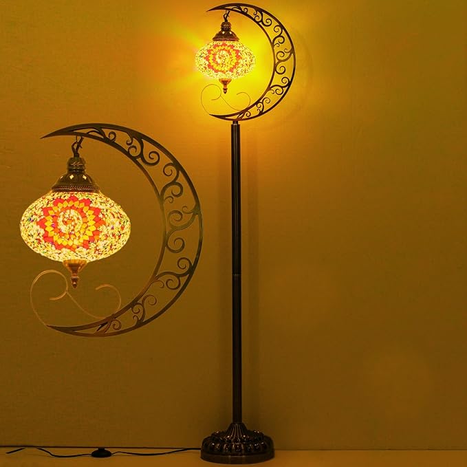 3D Crescent Moon Turkish Floor Lamp - 60 Inch Boho Lamp, 8 Inch Stained Glass Shade, Handmade for Living Room, Bulb Included (Multicolor,YUELFL-01)