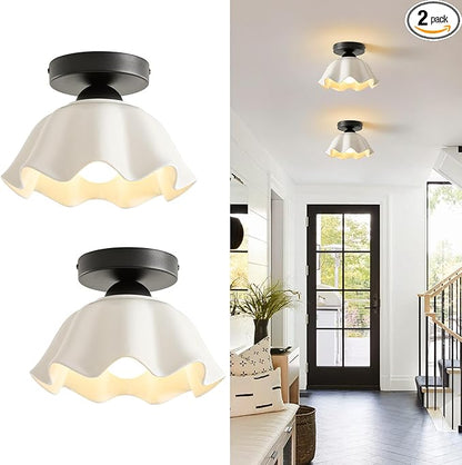 2 Pack Semi Flush Mount Ceiling Light - Flower Glaze Ceramic, Black Vintage Hallway Light Fixtures, White Globe Ceiling Lights, Mid Century Small Light Fixture for Cottage Entryway Laundry Room Foyer