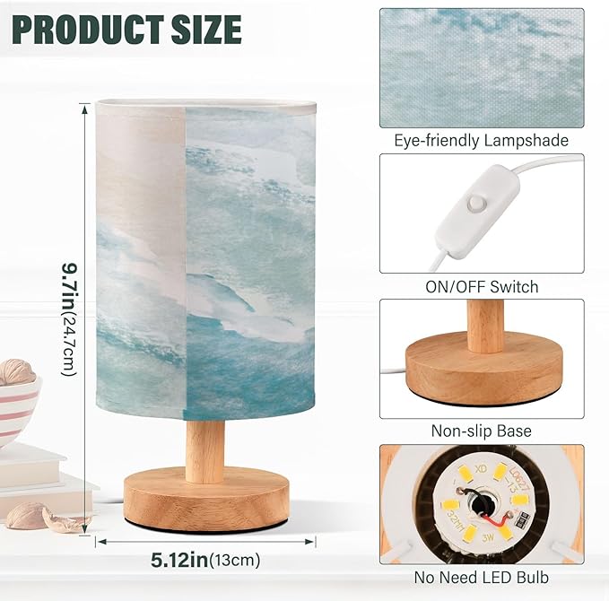 Bedside Lamp Bohemian Beach Table Lamp for Bedroom LED Nightstand Lamp Shade USB Ports Wood Base for Living Room Dorm Office