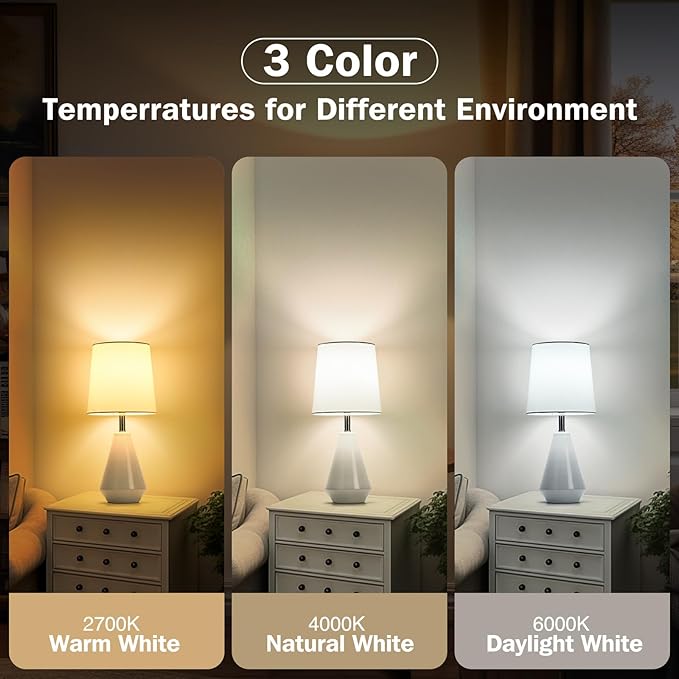 Small Bedside Table Lamp for Bedroom-Reading Desk Lamp Set of 2,with 3 Color Temperatures,15.5" Nightstand Ceramic Lamp with Fabric Shade for Kids Room,Living Room,Dorm,Home Office(White)