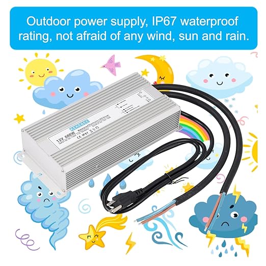LED Driver 12V600W Waterproof Power Supply 110V/130V AC to 12V DC 50A Low Voltage Transformer IP67 Hotel Exterior Wall Landscape Light LED Light with Spotlight Switch Power Supply