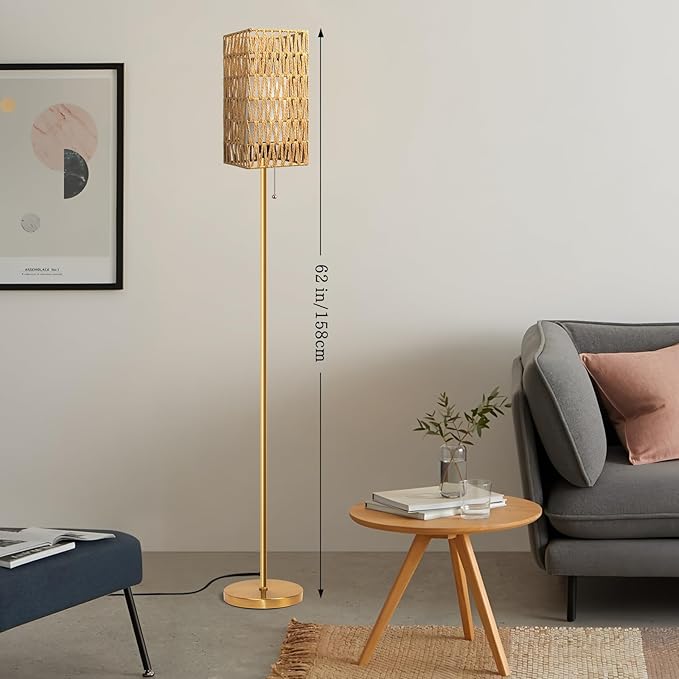 Floor Lamp for Living Room,Farmhouse Floor lamp,Modern Standing lamp with Hand-Worked Rattan Shade (Square Rattan Shade Body Gold Color-3 Color Bulb)