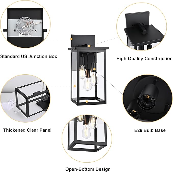 TODOLUZ 3-Light Large Outdoor Wall Sconce in Black, Waterproof Exterior Porch Wall Light Fixture for Garage Patio Entryway, E26 Bulb Base