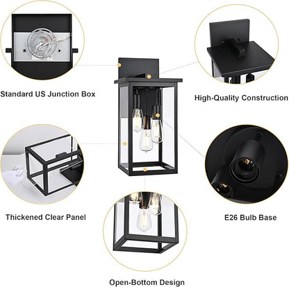 TODOLUZ 2-Pack Large Outdoor Wall Light Fixtures, Black 3-Light Waterproof Exterior Wall Mounted Sconce Lighting for Garage Porch Patio, E26 Bulb Base
