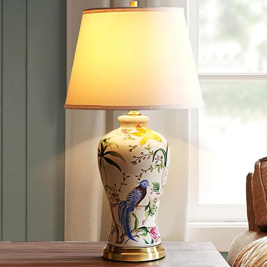 PURESILKS White Ceramics Table Lamp 25.5" Chinoiserie Lamp Flower and Bird Table Lamp American Handmade Beige Linen Drum Shade Decor for Living Room Bedroom
