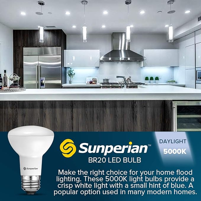 SUNPERIAN 12 Pack BR20 LED Bulb, 6W=50W, 5000K Daylight, 550 Lumens, Dimmable Flood Light Bulbs for Recessed Cans, Enclosed Fixture Rated, Damp Rated, UL Listed, E26 Standard Base