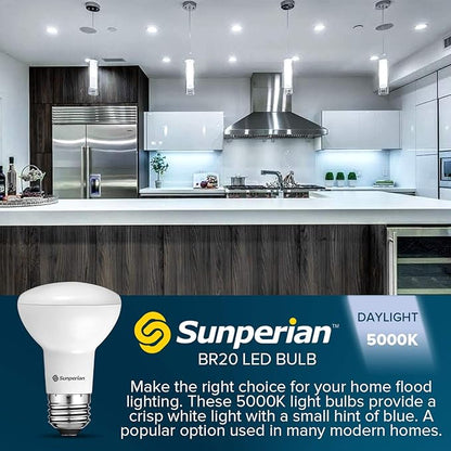 SUNPERIAN 12 Pack BR20 LED Bulb, 6W=50W, 5000K Daylight, 550 Lumens, Dimmable Flood Light Bulbs for Recessed Cans, Enclosed Fixture Rated, Damp Rated, UL Listed, E26 Standard Base