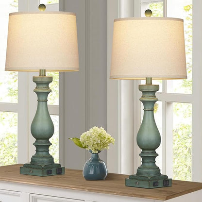 29" Tall Table Lamp for Living Room Set of 2,Vintage Bedside Nightstand Lamps with USB C+A Ports & AC Outlet,3-Way Dimmable Touch Control Retro Green Desk Lamp for Bedroom,Color 4