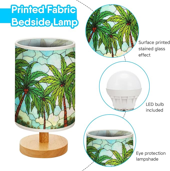Hawaiian Palm Table Lamp LED 3-Color Pressed Bedside, Hawaiian Palm Shade Lamp with Wood Base for Bedroom Living Room Desk Office