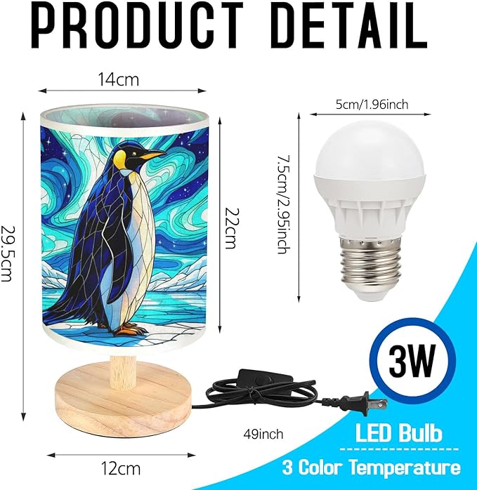 Penguin Table Lamp LED 3-Color Pressed Bedside, Penguin Shade Lamp with Wood Base for Bedroom Living Room Desk Office TL01