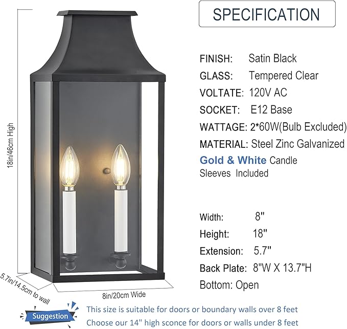 18"Medium Classic Outdoor Wall Lantern Light For House Exterior,Handcrafted Satin Black Metal Cage Mounted Pocket Wall Sconce W/Clear Tempered Glass,Waterproof for Porch, Patio, Garage&Front Door E12