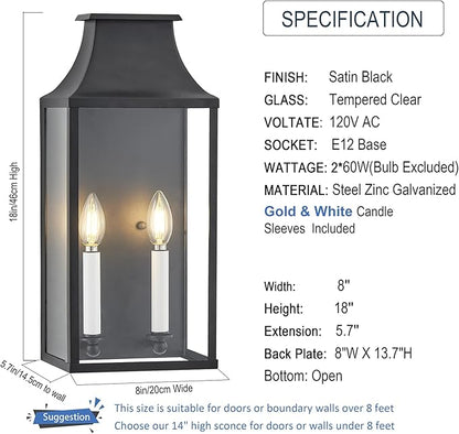 18"Medium Classic Outdoor Wall Lantern Light For House Exterior,Handcrafted Satin Black Metal Cage Mounted Pocket Wall Sconce W/Clear Tempered Glass,Waterproof for Porch, Patio, Garage&Front Door E12