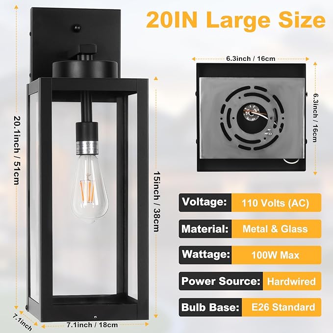 20" Large Dusk to Dawn Outdoor Wall Lantern with Closed Bottom - Black Outdoor Porch Lantern Wall Mounted, Waterproof Modern Outside Wall Sconce Coach Lamp for House, E26, 2 Packs