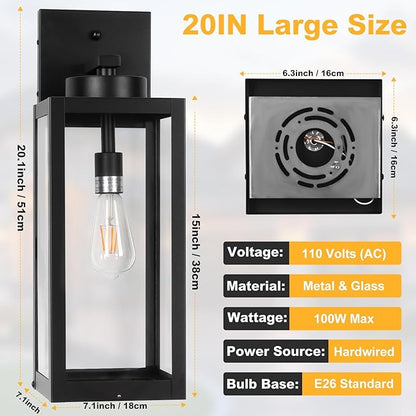 1 Pack 20" Large Dusk to Dawn Outdoor Wall Lantern with Closed Bottom - Black Outdoor Porch Lantern Wall Mounted, Waterproof Modern Outside Wall Sconce Coach Lamp for House, E26