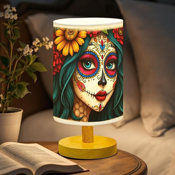 Sugar Skull Girl Table Lamp LED 3-Color Pressed Bedside, Sugar Skull Girl Shade Lamp with Wood Base for Bedroom Living Room Desk Office TL01