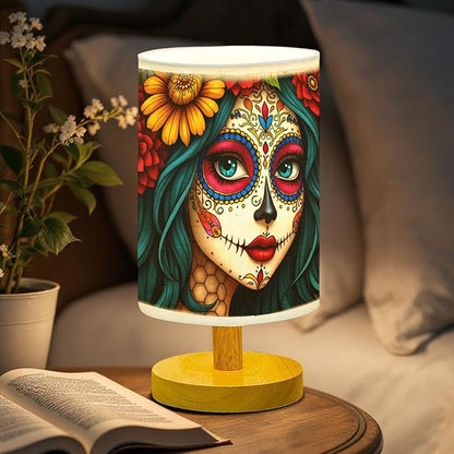 Sugar Skull Girl Table Lamp LED 3-Color Pressed Bedside, Sugar Skull Girl Shade Lamp with Wood Base for Bedroom Living Room Desk Office TL01