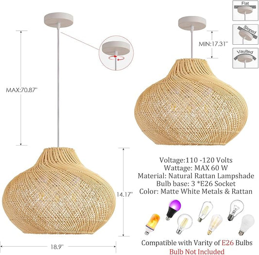 3-Light Rattan Pendant Light,18.9" Round Hanging Light,Wicker Pendant Light Hand-Woven Rattan Chandelier for Workplace Dining Living Bedroom Kitchen Farmhouse