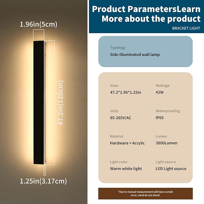 Modern Outdoor Wall Sconce, 47inch LED Wall Mounted Light, 3000K Warm White, IP65 Waterproof, Black Aluminium, AC 85-265V, Minimalist Long Light Fixture for Patio, Garage, Yard, Gardens