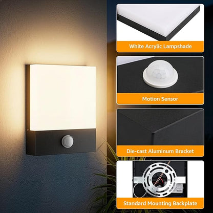Aoceeley Modern Outdoor Led Wall Light with Motion Sensor,24W 3000K Porch & Patio Light,Exterior Hardwired Wall Light Fixtures,IP65 Waterproof Square Wall Lamp for Garage, Front Door(Black,1-Pack)