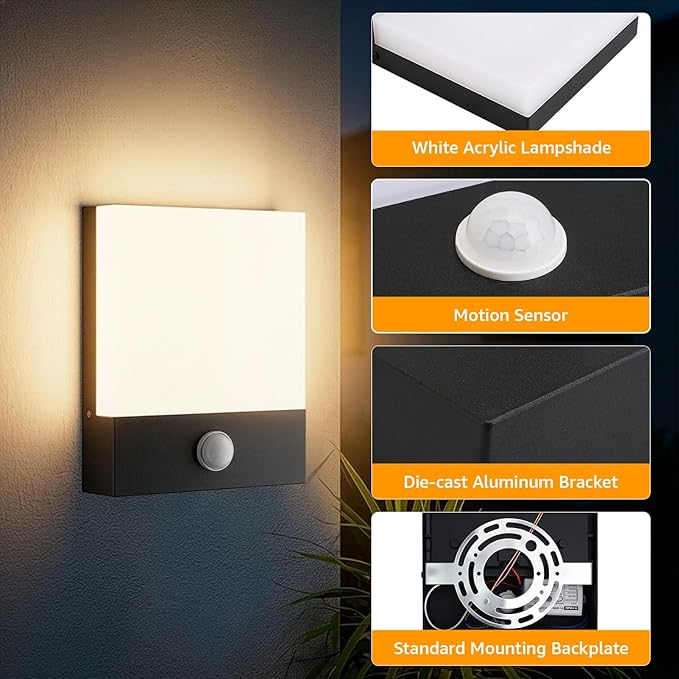 Aoceeley Modern Outdoor Led Wall Light with Motion Sensor,24W 3000K Porch & Patio Light,Exterior Hardwired Wall Light Fixtures,IP65 Waterproof Square Wall Lamp for Garage, Front Door(Black,2-Pack)