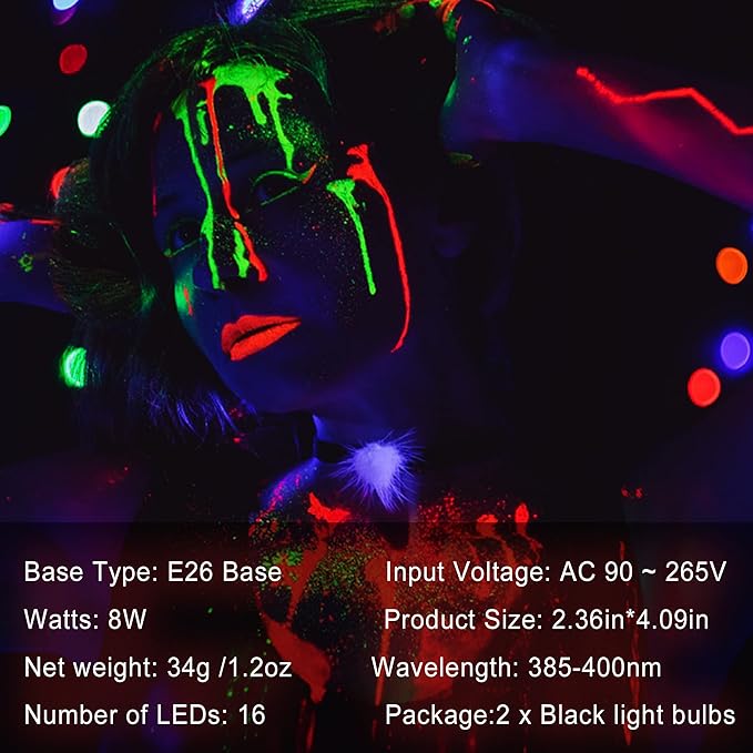 LED Black Light Bulbs - 8W(60Watt Equivalent), Black Light Bulbs with E26 Base, UVA Level 395-400nm, Glow in The Dark for Blacklights Party, Body Paint, Halloween, Neon Glow, 2 Pack