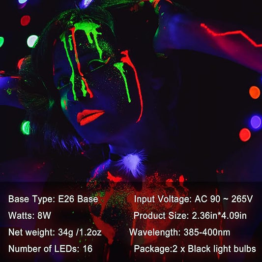 LED Black Light Bulbs - 8W(60Watt Equivalent), Black Light Bulbs with E26 Base, UVA Level 395-400nm, Glow in The Dark for Blacklights Party, Body Paint, Halloween, Neon Glow, 2 Pack