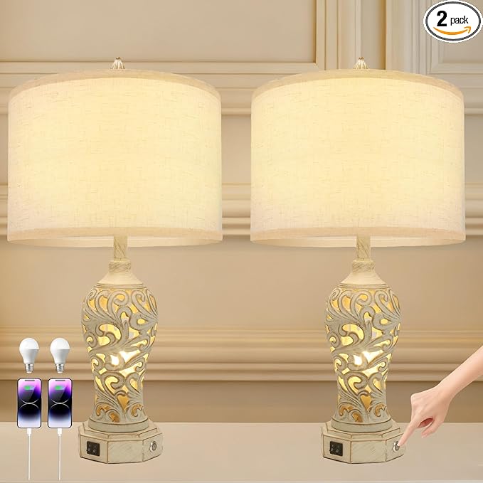 Bedside Lamps Set of 2, Stepless Dimming, 3 Color Temperatures, Bedroom Lamps for Nightstand, Table Lamp with USB Port, Living Room Table Lamp, Farmhouse Lamps for Living Room(Bulbs Included)