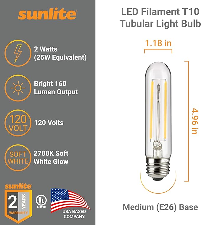 Sunlite LED Filament T10 Tubular Light Bulb, 2 Watts (25W Equivalent), 160 Lumens, Medium E26 Base, 120 Volts, Dimmable, 90 CRI, UL Listed, Clear, 2700K Soft White, 10 Pack