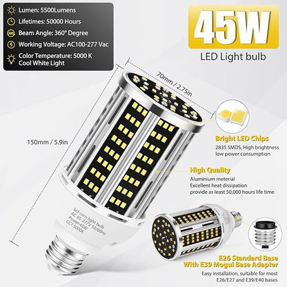 45W 6 pack LED Corn Light Bulb,400W Equivalent 5000K Commercial Grade Daylight E26/E39 6000LM Medium Mogul Base LED Lamp,Large Area Lights For Outdoor Indoor Garage Warehouse street Factory Bay Light