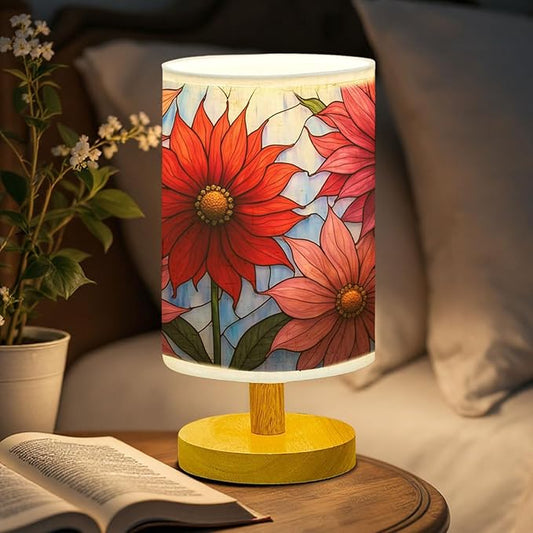 Dahlia Flower Table Lamp LED 3-Color Pressed Bedside, Dahlia Flower Shade Lamp with Wood Base for Bedroom Living Room Desk Office
