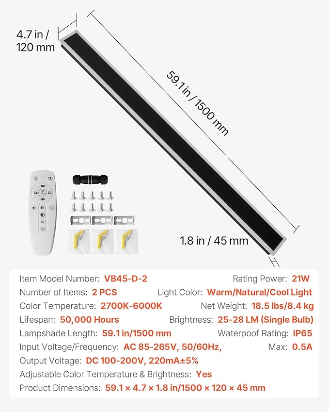 VEVOR Outdoor Wall Lights, 2 Pack, 59.1 Inch Long Strip Modern Exterior Wall Sconce Light Fixtures, 2700K-6000K, IP65 Waterproof Anti-Rust, Dimmable Outside Wall Mount Lighting, for House Porch Garage