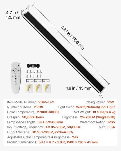 VEVOR Outdoor Wall Lights, 2 Pack, 59.1 Inch Long Strip Modern Exterior Wall Sconce Light Fixtures, 2700K-6000K, IP65 Waterproof Anti-Rust, Dimmable Outside Wall Mount Lighting, for House Porch Garage